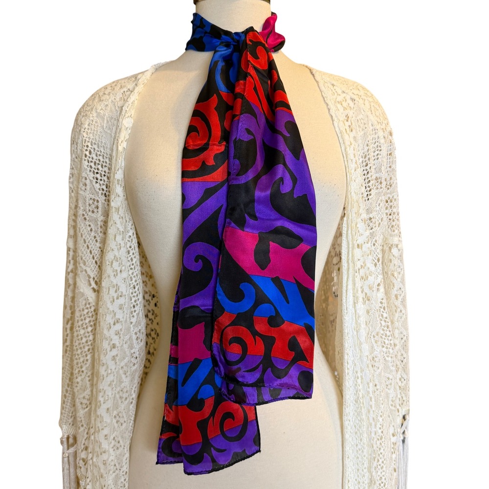 Vintage Abstract Scroll Print Silk Scarf Red Purple Blue Black Rectangular